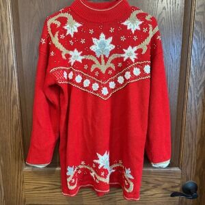 Dana Scott Red Embellished Mock Neck Sweater Women's Size M Festive Holiday